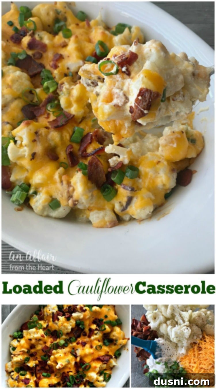 Close-up of a loaded cauliflower casserole with melted cheese, bacon, and green onions, ready to be served.