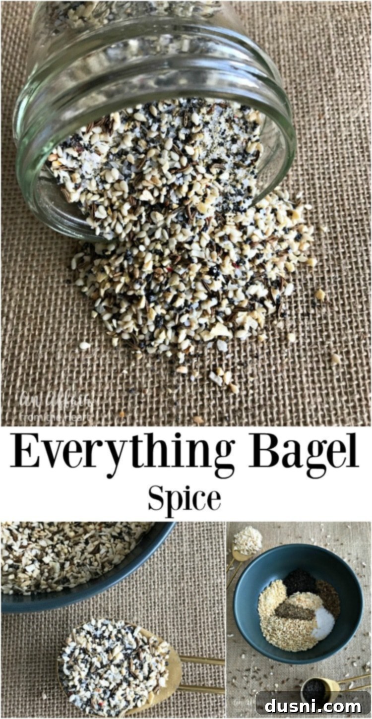 Everything Bagel Spice in a jar with various ingredients artfully arranged around it, highlighting the components of the seasoning blend.