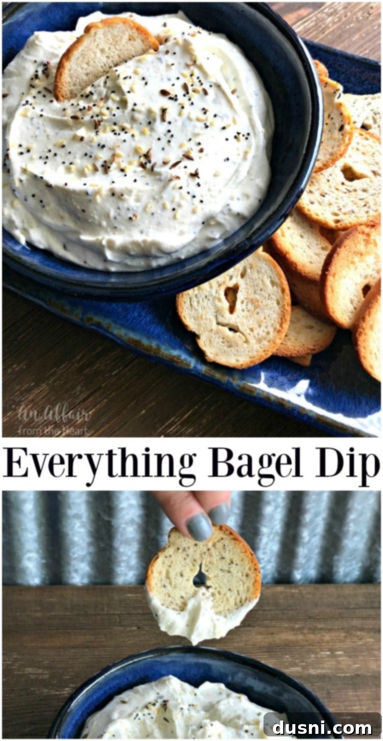 Whip Up Your Own Everything Bagel Dip 3 A wider shot of the irresistible Everything Bagel Dip, presented in an elegant serving bowl alongside a generous pile of crispy bagel chips, garnished with fresh herbs and a sprinkling of the signature seasoning. The caption promises it's hard to resist.