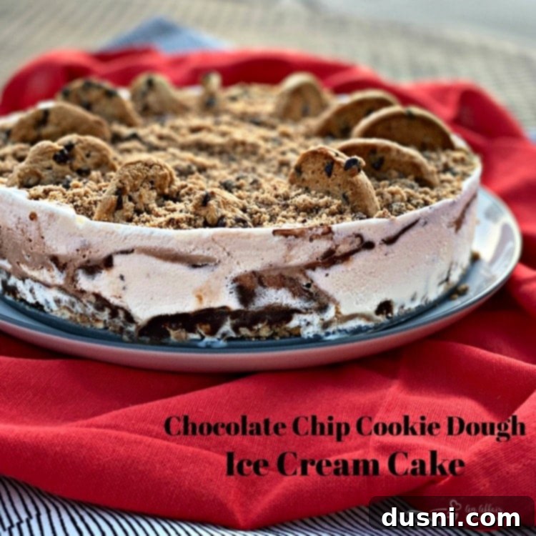 Ultimate Chocolate Chip Cookie Dough Ice Cream Cake 11 Hero shot of the Chocolate Chip Cookie Dough Ice Cream Cake ready to be served.