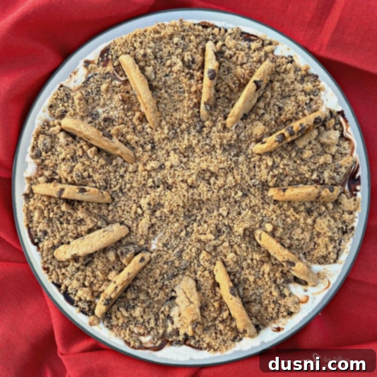 Ultimate Chocolate Chip Cookie Dough Ice Cream Cake 4 Top view of the Chocolate Chip Cookie Dough Ice Cream Cake with cookie crumbles and fudge swirls.