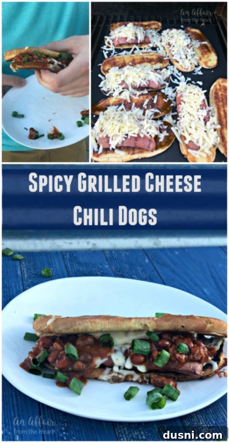 Fiery Chili Cheese Dog Melt 3 Close-up of a Spicy Grilled Cheese Chili Dog with melted Pepper Jack cheese, chili, and green onions