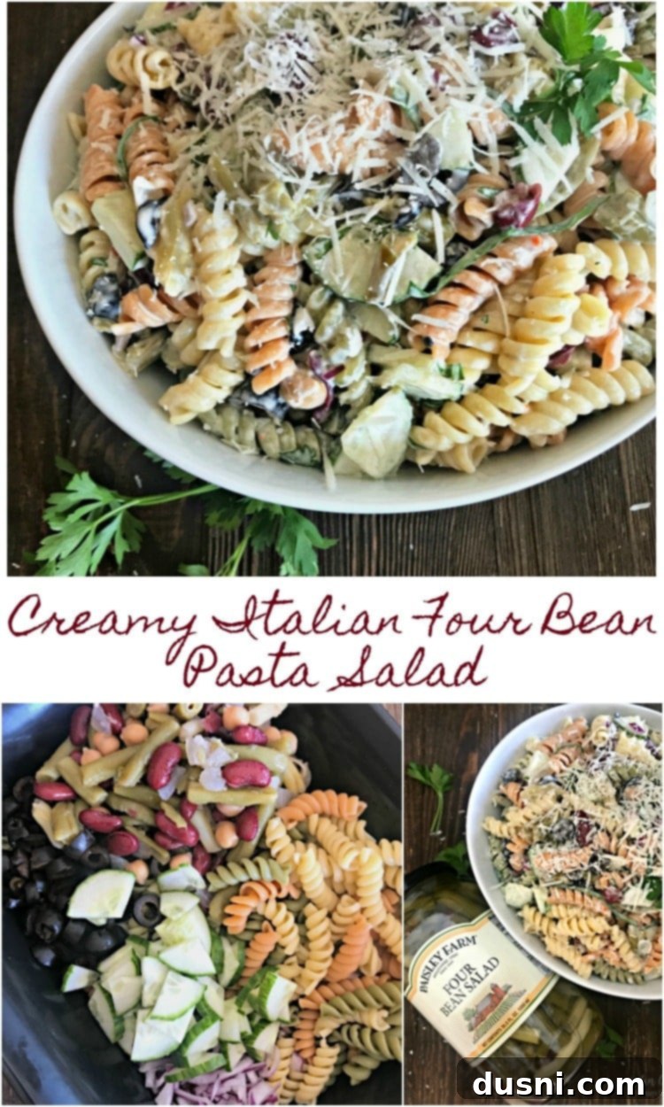 Velvety Italian Mixed Bean Pasta Salad 3 Serving of Creamy Italian Four Bean Pasta Salad with fresh ingredients