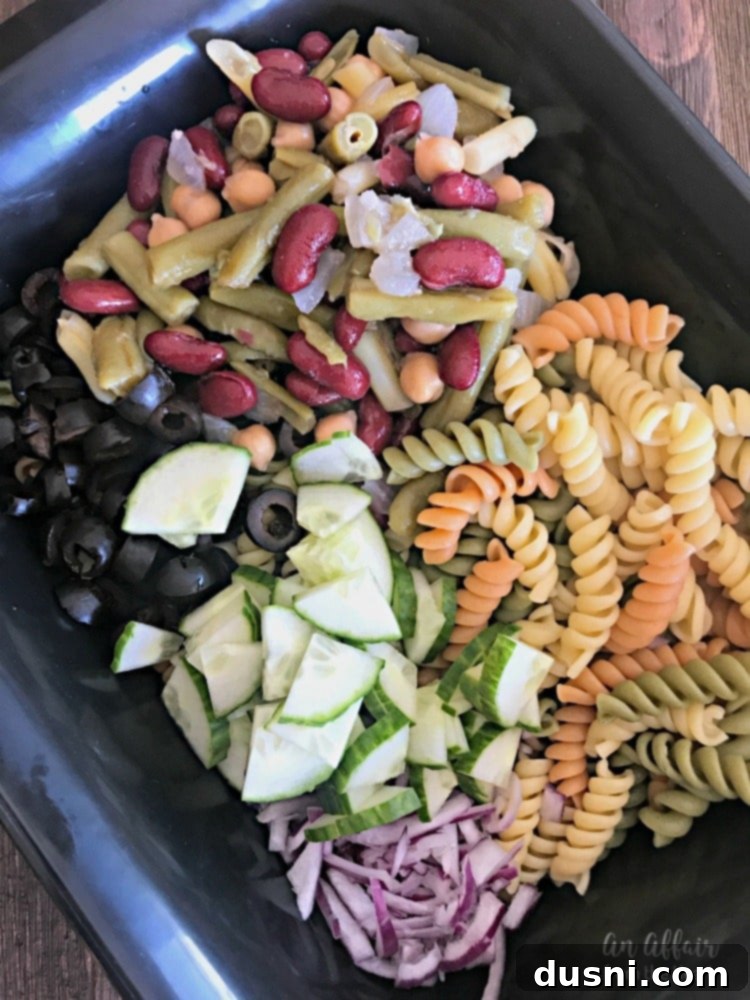 Velvety Italian Mixed Bean Pasta Salad 4 Ingredients being prepped for Creamy Italian Four Bean Pasta Salad