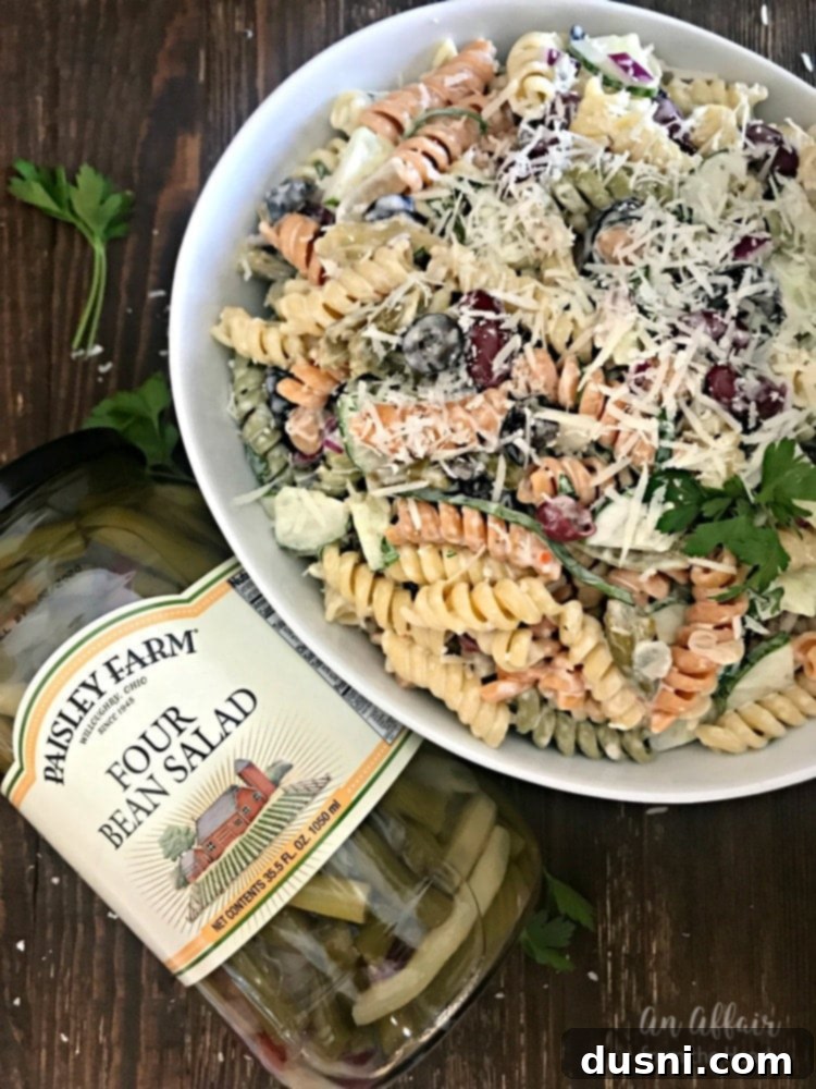 Velvety Italian Mixed Bean Pasta Salad 5 Creamy Italian Four Bean Pasta Salad featuring Paisley Farm Four Bean Salad