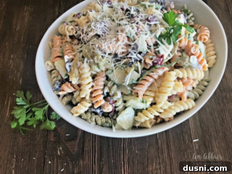 Velvety Italian Mixed Bean Pasta Salad 6 Horizontal view of Creamy Italian Four Bean Pasta Salad in a large bowl