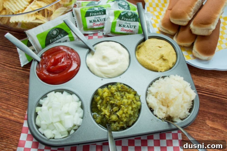 Grill It Up with Franks Tangy Kraut 7 Muffin pan used to serve various condiments
