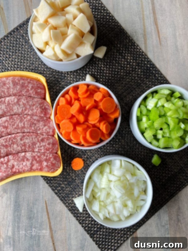 Ingredients for sauerkraut, bratwurst, and potato soup