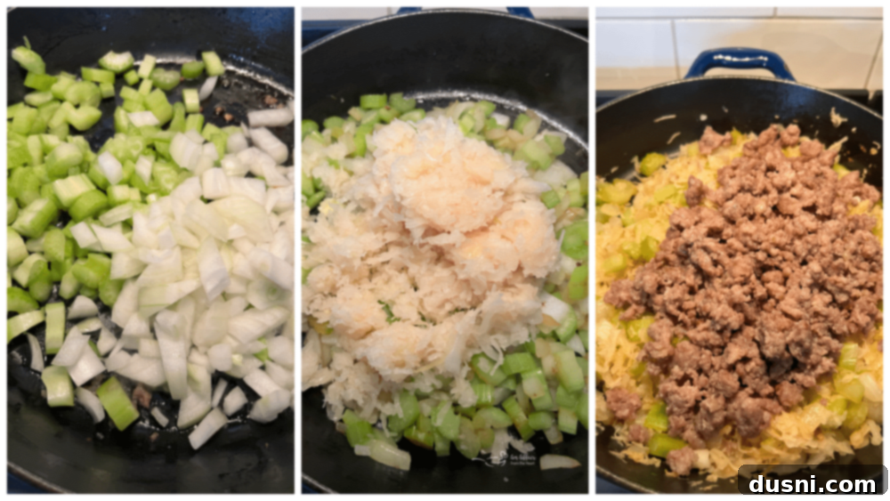 Ingredients prepped for sauerkraut soup, including browned bratwurst