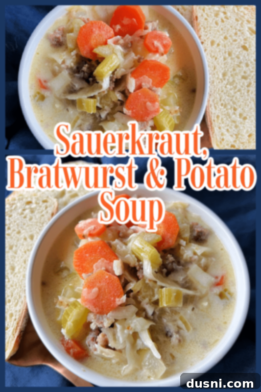 sauerkraut soup with potatoes and bratwurst in a bowl on a wooden surface