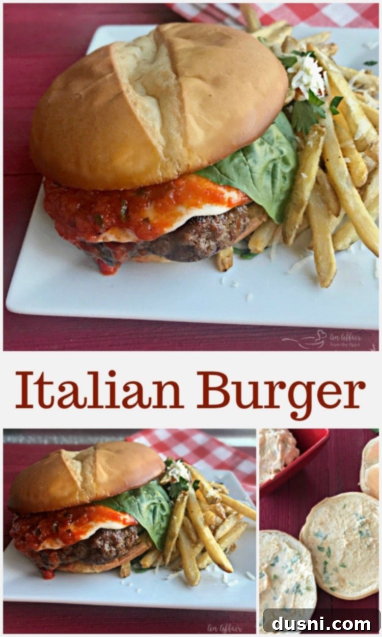 Italian Burger - An Affair from the Heart -Italian Sausage and Lean Ground Beef, grilled to perfection and topped with fresh mozzarella cheese, marinara and fresh basil served up on a garlic bread bun!