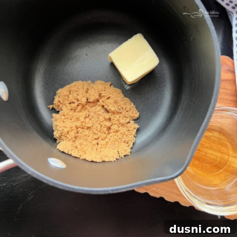 Bourbon Honey Sauce 7 Melting butter and brown sugar in a saucepan for honey bourbon sauce