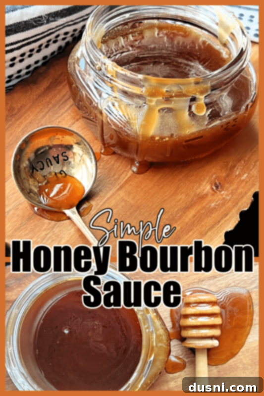 Bourbon Honey Sauce 10 Close-up of a spoon dipping into Honey Bourbon Sauce
