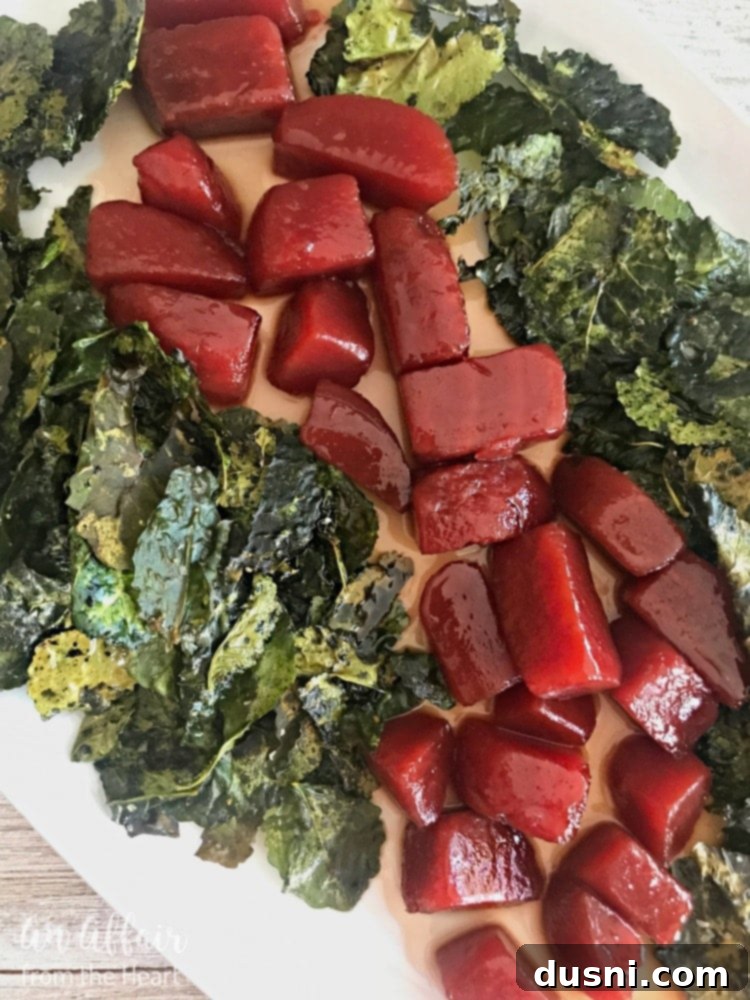 Honey Bourbon Beets & Kale Crunch 2 Honey Bourbon Glazed Beets with Crispy Kale from An Affair from the Heart