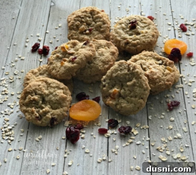 A horizontal shot of freshly baked Cranberry Apricot Oatmeal Cookies arranged beautifully.
