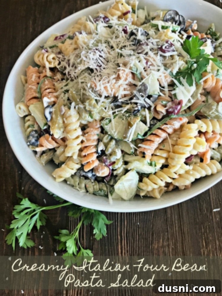 Creamy Italian Four Bean Pasta Salad with fresh ingredients
