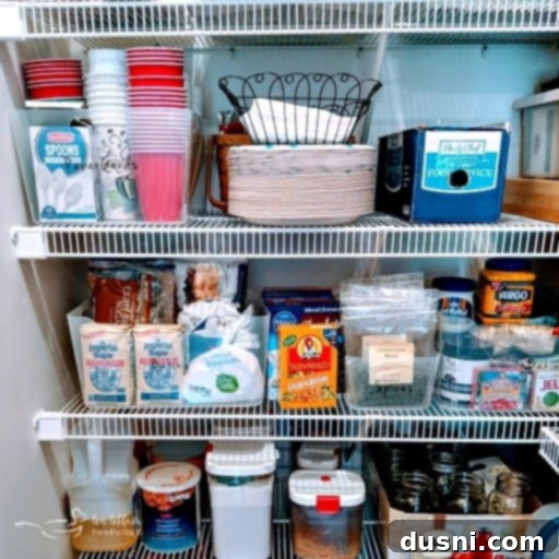 Organized pantry shelf with baking ingredients and paper goods