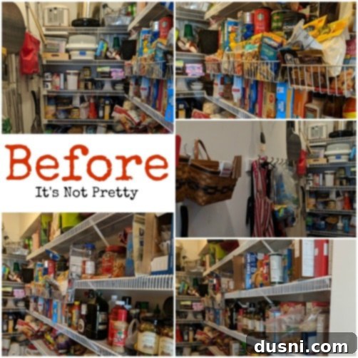 Before picture of a cluttered pantry, showing disorganized shelves and items