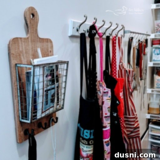 Pantry wall with neat apron hooks for organized storage