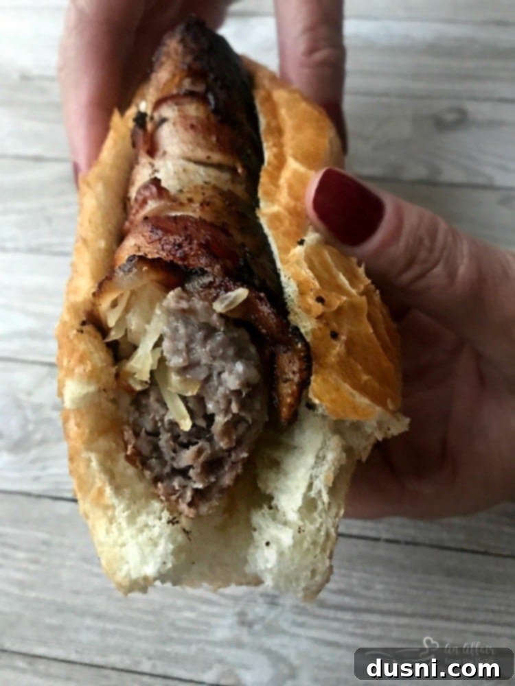 Kraut Stuffed Bacon Wrapped Brats - perfectly grilled and ready to enjoy