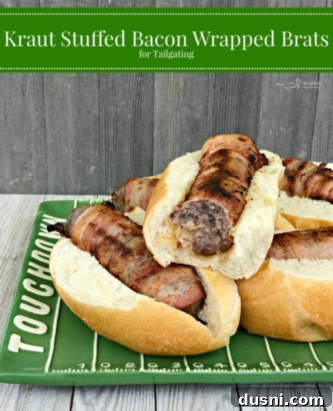 Kraut Stuffed Bacon Wrapped Brats for Tailgating HERO shot