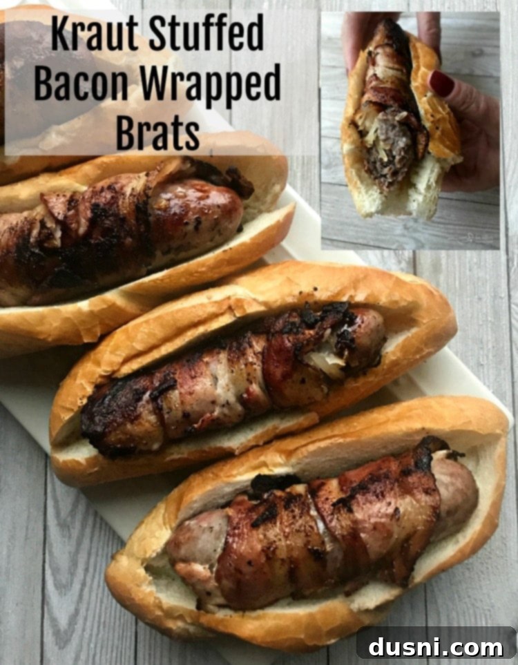 Close-up of a perfectly grilled Kraut Stuffed Bacon Wrapped Brat