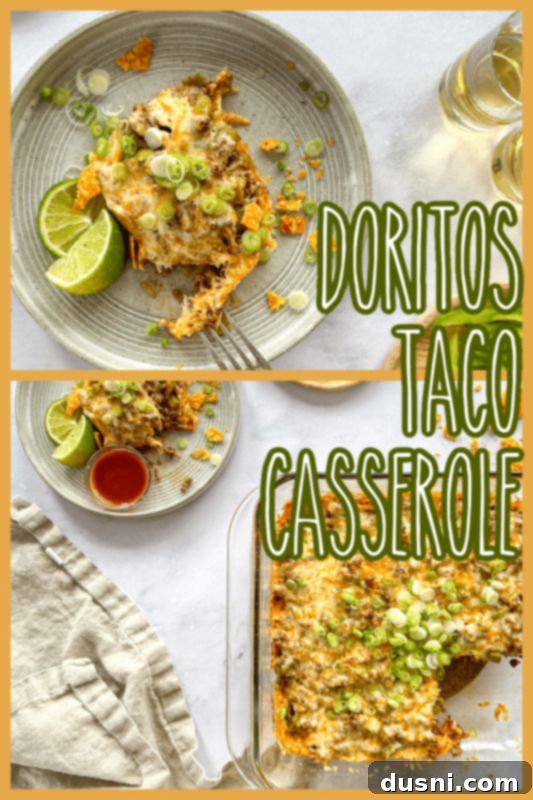 A vibrant close-up of a square baking dish filled with Doritos Taco Casserole, showcasing the golden, bubbly cheese and crunchy chips, with a serving spoon removing a portion. The focus is on the delicious texture and melted cheese.