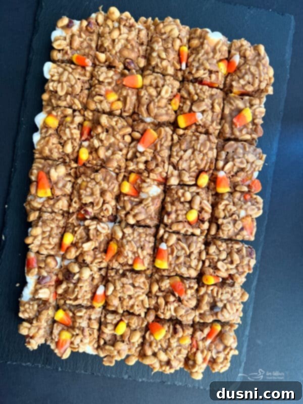 Finished Candy Corn Salted Nut Roll Bars, ready to be cut