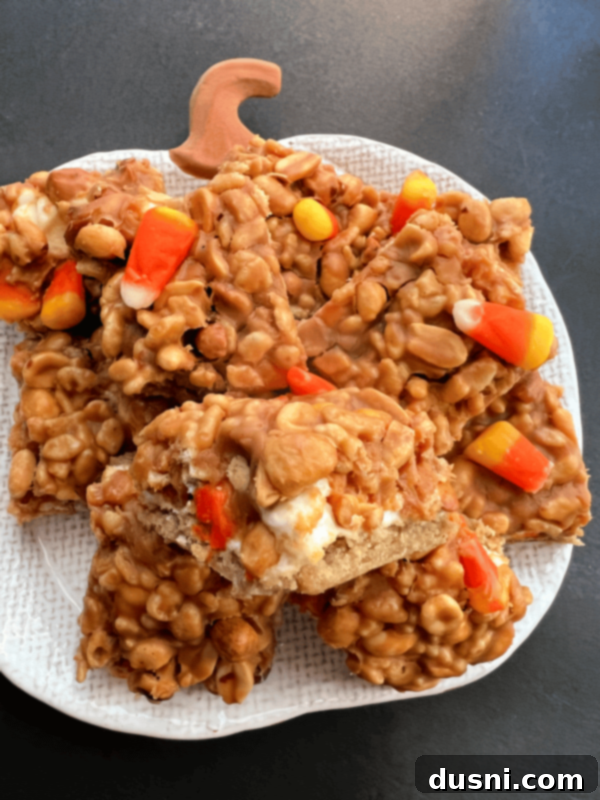 Finished Candy Corn Salted Nut Roll Bars in a baking dish