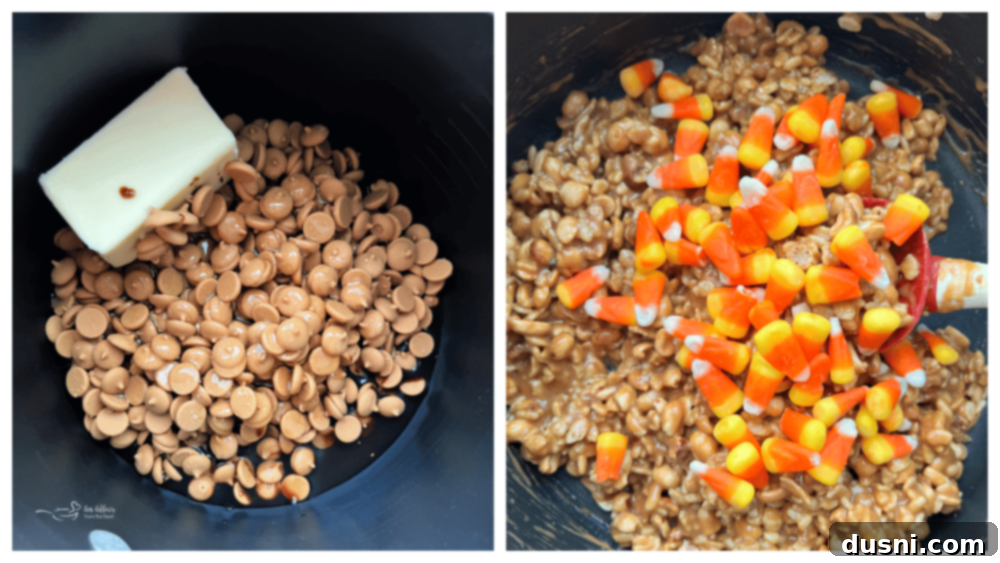 Melting topping ingredients in a saucepan for Candy Corn Salted Nut Roll Bars