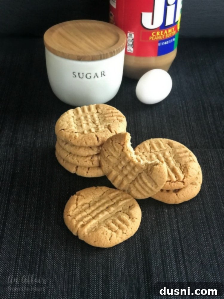 Easy 3-Ingredient Peanut Butter Cookies 4 A close-up of the simple ingredients for the 3-ingredient peanut butter cookies: peanut butter, sugar, and an egg in separate bowls.