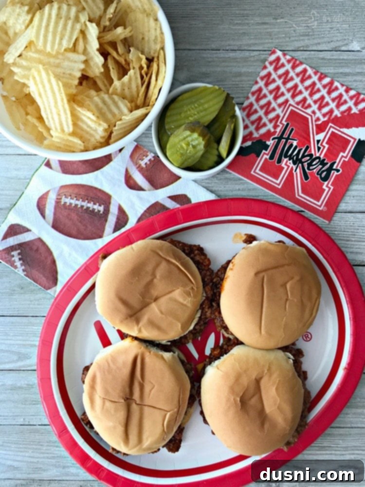 Sloppy Dorothy sandwiches for a tailgating party with Nebraska Huskers theme