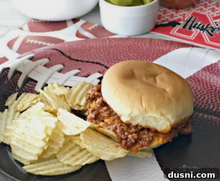 Sloppy Dorothy Sandwich served with dill pickles and chips