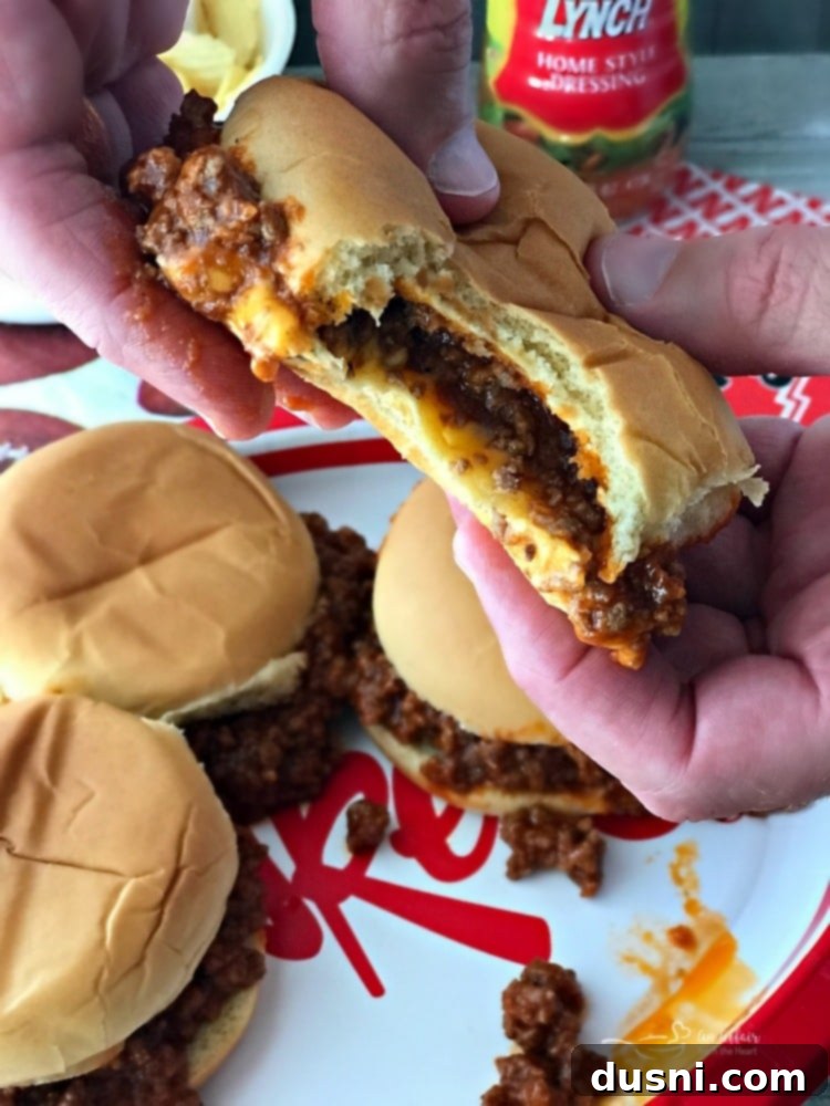 Hands holding a messy, delicious Sloppy Dorothy sandwich