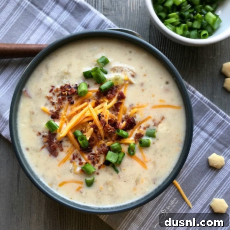 Instant Pot Loaded Potato Soup in a rustic bowl with toppings