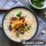 Close up of a serving of Instant Pot Loaded Potato Soup in a dark bowl, garnished