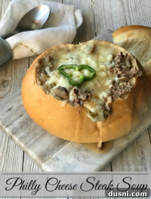 Loaded Philly Cheesesteak Soup 14 Philly Cheese Steak Soup in a bread bowl, hero shot