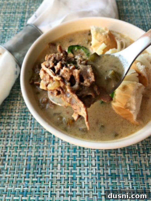 Loaded Philly Cheesesteak Soup 6 Philly Cheese Steak Soup with a spoonful of cheesy goodness