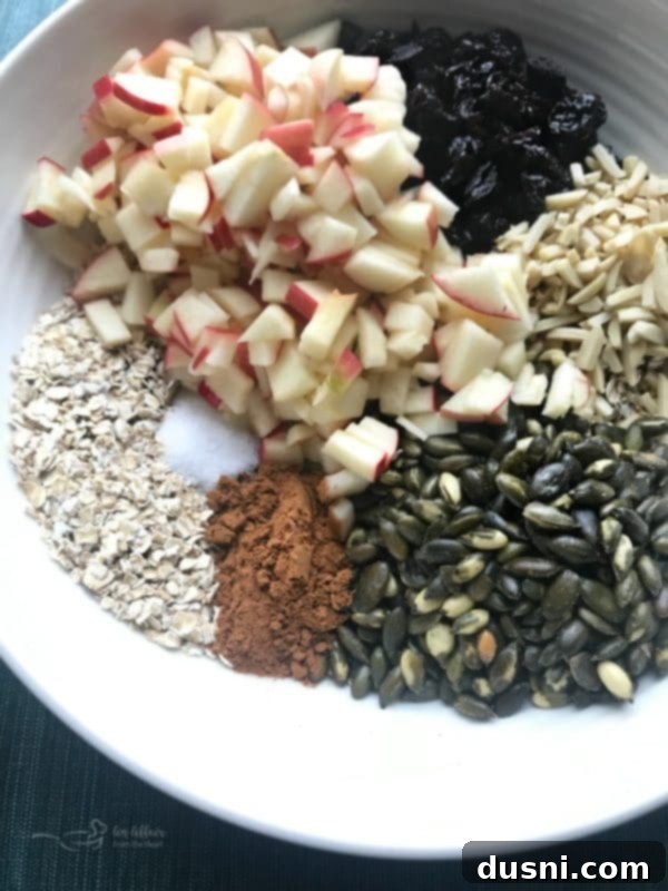 Ingredients for Fresh Apple Cinnamon Granola laid out for preparation