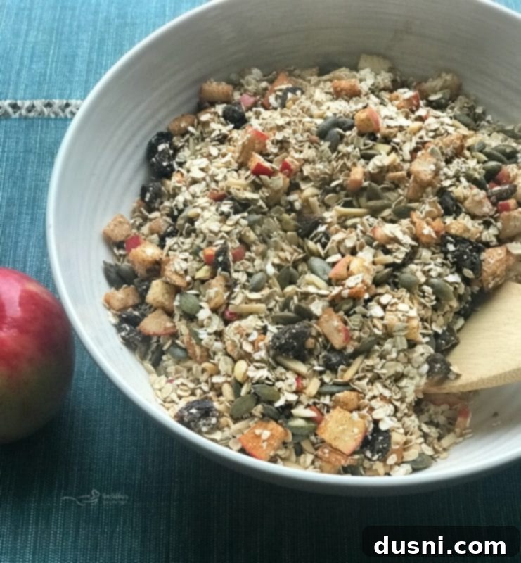 Mixing bowl with Fresh Apple Cinnamon Granola ingredients before wet mixture is added