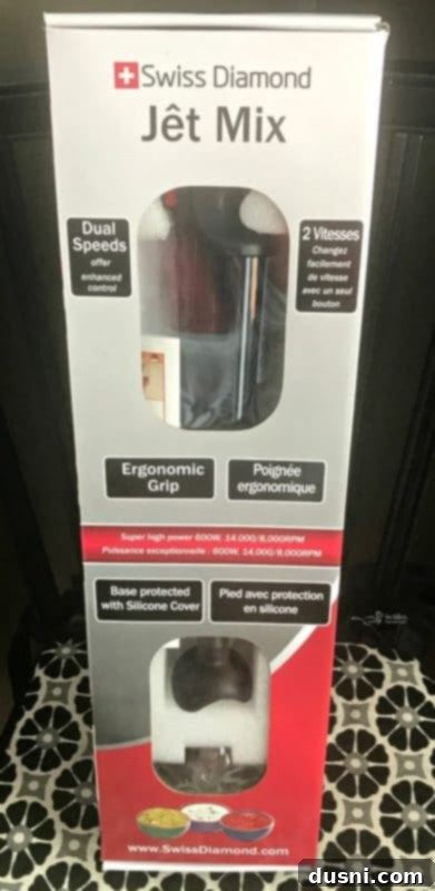 Homemade Dairy Queen Apple Pie Blizzard 4 Swiss Diamond Jêt Mix Immersion Blender box with various attachments visible, emphasizing its versatility for recipes like the Apple Pie Blizzard.