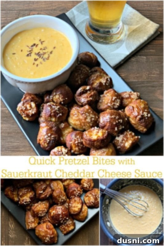 Cheesy Sauerkraut Pretzel Poppers 3 Close-up of Quick Pretzel Bites with Sauerkraut Cheddar Cheese Sauce, perfect for dipping