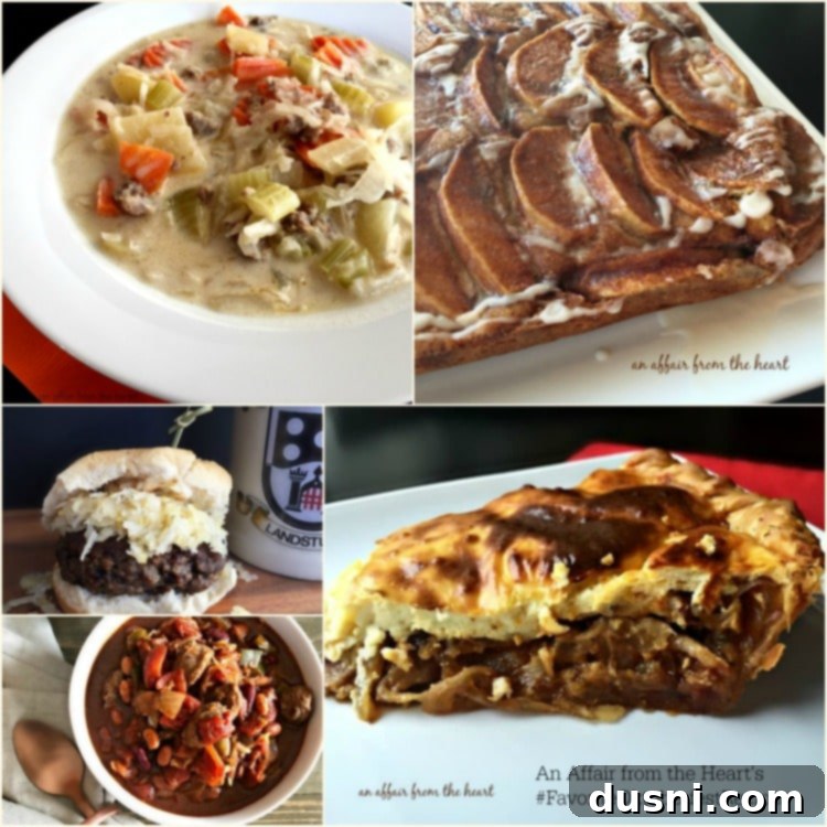 Cheesy Sauerkraut Pretzel Poppers 5 A collage of favorite Oktoberfest recipes including Brat Burgers, Oktoberfest Chili, and German Onion Pie