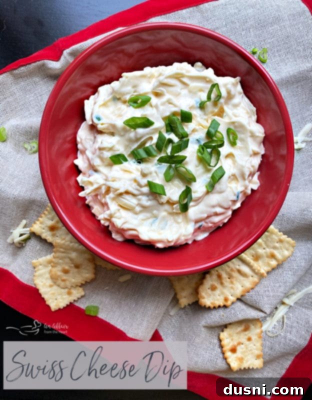 A beautifully composed shot of Swiss Cheese Dip in a bowl, surrounded by fresh herbs and ingredients, emphasizing its freshness and appeal.