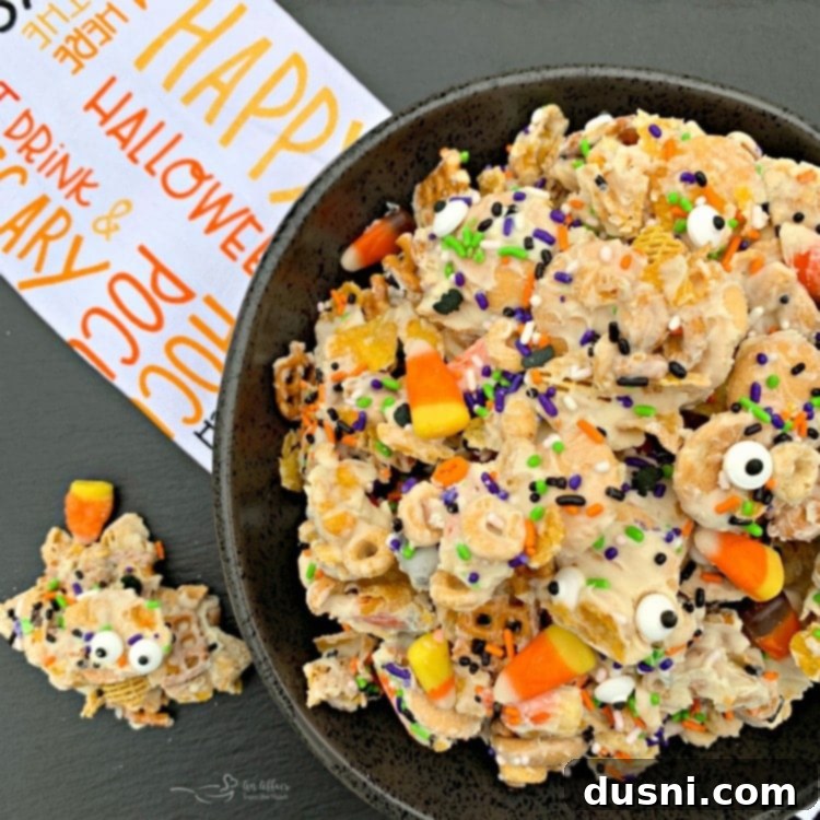 Monster Mash Snack Mix 7 Close-up of Halloween White Trash Snack Mix ready to serve