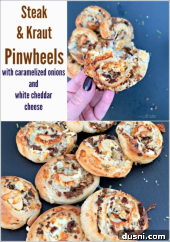 Close-up of baked Steak & Kraut Pin Wheels, showcasing the rich filling of caramelized onions and sharp white cheddar cheese