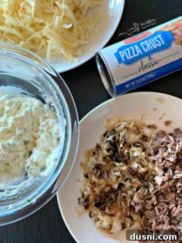 Preparation shot for Steak & Kraut Pinwheels, showing caramelized onions and Frank's Kraut cooking in a skillet