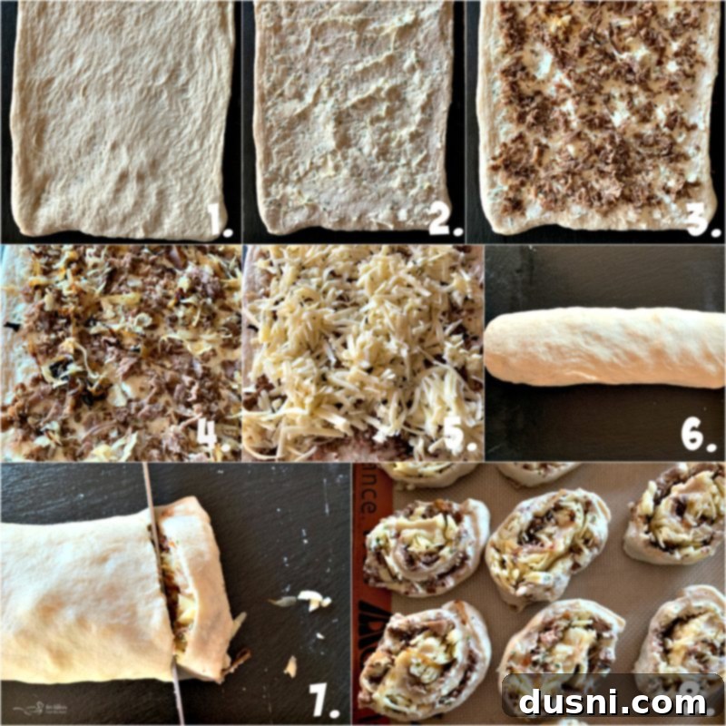 Step-by-step preparation for Steak & Kraut Pinwheels, showing pizza dough spread with sauce, then topped with steak, onions, kraut, and cheese