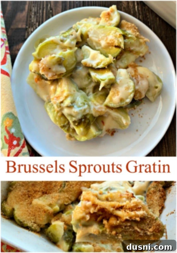 Cheesy Brussels Bake 3 Brussels Sprouts Gratin served in a baking dish