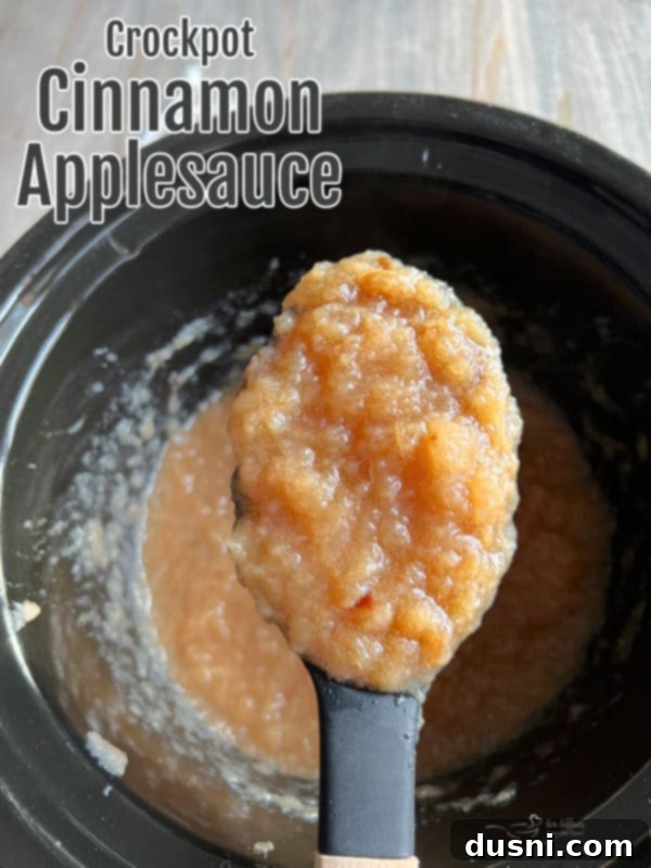 Homemade Slow Cooker Cinnamon Applesauce 13 A spoonful of homemade crockpot applesauce, showing a smooth texture